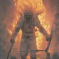 White Assassin emerging from a firey fog of battle, ink splash, Highly Detailed, Vibrant Colors, Ink Art, Fantasy, Dark by Donato Giancola