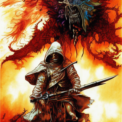White Assassin emerging from a firey fog of battle, ink splash, Highly Detailed, Vibrant Colors, Ink Art, Fantasy, Dark by Brothers Hildebrandt