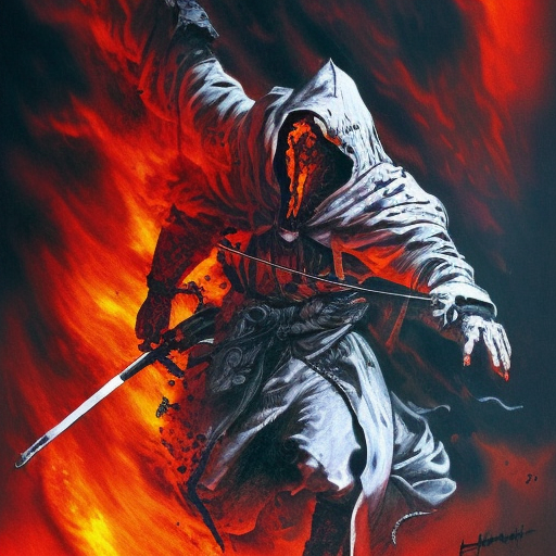 White Assassin emerging from a firey fog of battle, ink splash, Highly Detailed, Vibrant Colors, Ink Art, Fantasy, Dark by Brothers Hildebrandt