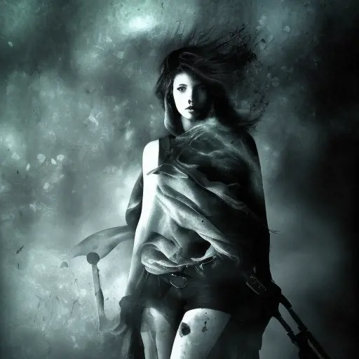 White female Assassin emerging from the fog of war, ink splash, Highly Detailed, Vibrant Colors, Ink Art, Fantasy, Dark by Aliza Razell