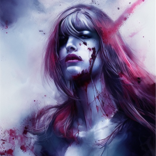 White female Assassin emerging from the fog of war, ink splash, Highly Detailed, Vibrant Colors, Ink Art, Fantasy, Dark by Alejandro Burdisio