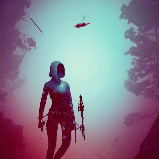 White female Assassin emerging from the fog of war, ink splash, Highly Detailed, Vibrant Colors, Ink Art, Fantasy, Dark by Beeple