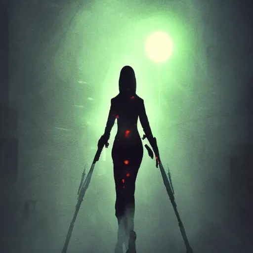 White female Assassin emerging from the fog of war, ink splash, Highly Detailed, Vibrant Colors, Ink Art, Fantasy, Dark by Beeple