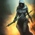 Female white hooded Assassin emerging from the fog of war, Highly Detailed, Vibrant Colors, Ink Art, Fantasy, Dark by Brad Rigney