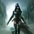 Female white hooded Assassin emerging from the fog of war, Highly Detailed, Vibrant Colors, Ink Art, Fantasy, Dark by Alejandro Burdisio