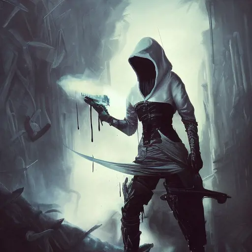 Female white hooded Assassin emerging from the fog of war, Highly Detailed, Vibrant Colors, Ink Art, Fantasy, Dark by Alejandro Burdisio