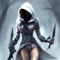 Female white hooded Assassin emerging from the fog of war, Highly Detailed, Vibrant Colors, Ink Art, Fantasy, Dark by Stanley Artgerm Lau