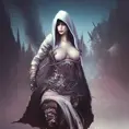 Female white hooded Assassin emerging from the fog of war, Highly Detailed, Vibrant Colors, Ink Art, Fantasy, Dark by Stanley Artgerm Lau