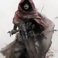 Female white hooded Assassin emerging from the fog of war, Highly Detailed, Vibrant Colors, Ink Art, Fantasy, Dark by Greg Rutkowski