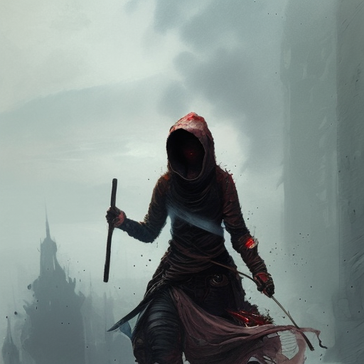 Female white hooded Assassin emerging from the fog of war, Highly Detailed, Vibrant Colors, Ink Art, Fantasy, Dark by Greg Rutkowski