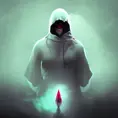 Female white hooded Assassin emerging from the fog of war, Highly Detailed, Vibrant Colors, Ink Art, Fantasy, Dark by Beeple