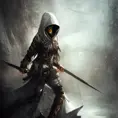 Female white hooded Assassin emerging from the fog of war, Highly Detailed, Vibrant Colors, Ink Art, Fantasy, Dark by WLOP