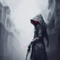 Female white hooded Assassin emerging from the fog of war, Highly Detailed, Vibrant Colors, Ink Art, Fantasy, Dark by WLOP