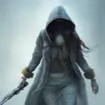 Female white hooded Assassin emerging from the fog of war, Highly Detailed, Vibrant Colors, Ink Art, Fantasy, Dark by Stefan Kostic