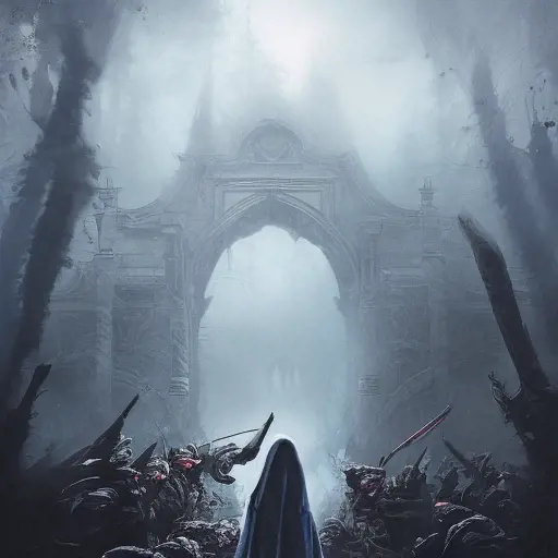 Female white hooded Assassin emerging from the fog of war, Highly Detailed, Vibrant Colors, Ink Art, Fantasy, Dark by Stefan Kostic