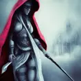 White hooded female assassin emerging from the fog of war, Highly Detailed, Vibrant Colors, Ink Art, Fantasy, Dark