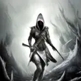 White hooded female assassin emerging from the fog of war, Highly Detailed, Vibrant Colors, Ink Art, Fantasy, Dark