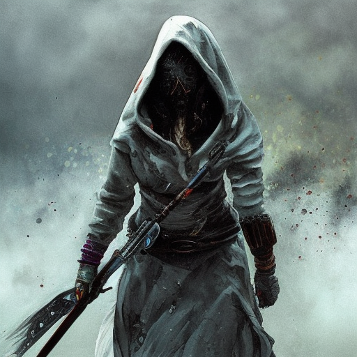 White hooded female assassin emerging from the fog of war, Highly Detailed, Vibrant Colors, Ink Art, Fantasy, Dark by Stefan Kostic