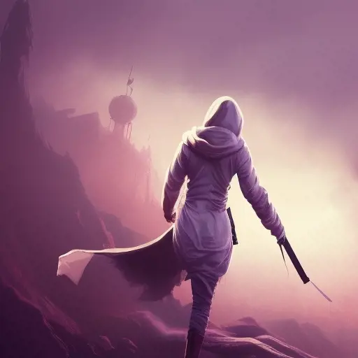 White hooded female assassin emerging from the fog of war, Highly Detailed, Vibrant Colors, Ink Art, Fantasy, Dark by Beeple