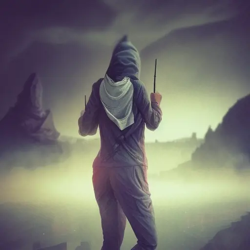 White hooded female assassin emerging from the fog of war, Highly Detailed, Vibrant Colors, Ink Art, Fantasy, Dark by Beeple