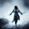 White hooded female assassin emerging from the fog of war, Highly Detailed, Vibrant Colors, Ink Art, Fantasy, Dark by WLOP