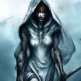 White hooded female assassin emerging from the fog of war, Highly Detailed, Vibrant Colors, Ink Art, Fantasy, Dark by WLOP