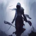 White hooded female assassin emerging from the fog of war, Highly Detailed, Vibrant Colors, Ink Art, Fantasy, Dark by Greg Rutkowski