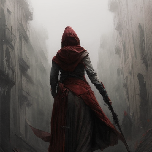White hooded female assassin emerging from the fog of war, Highly Detailed, Vibrant Colors, Ink Art, Fantasy, Dark by Greg Rutkowski