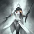 White hooded female assassin emerging from the fog of war, Highly Detailed, Vibrant Colors, Ink Art, Fantasy, Dark by Stanley Artgerm Lau