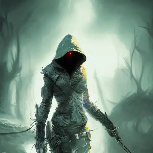 White hooded female assassin emerging from the fog of war, Highly Detailed, Vibrant Colors, Ink Art, Fantasy, Dark by Alejandro Burdisio