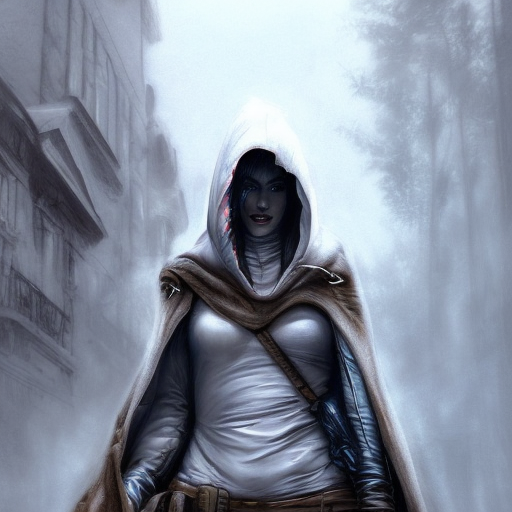 White hooded female assassin emerging from the fog of war, Highly Detailed, Vibrant Colors, Ink Art, Fantasy, Dark by Alejandro Burdisio