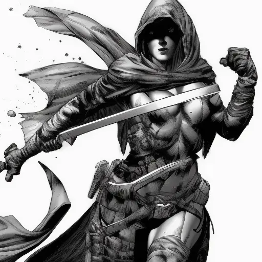 White hooded female assassin emerging from the fog of war, Highly Detailed, Vibrant Colors, Ink Art, Fantasy, Dark by David Finch