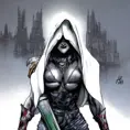 White hooded female assassin emerging from the fog of war, Highly Detailed, Vibrant Colors, Ink Art, Fantasy, Dark by David Finch