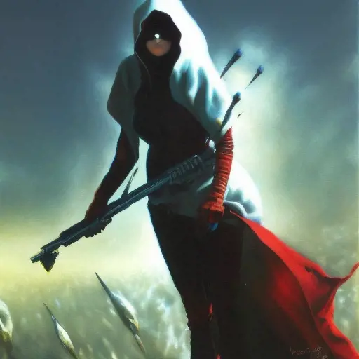 White hooded female assassin emerging from the fog of war, Highly Detailed, Vibrant Colors, Ink Art, Fantasy, Dark by Vincent Di Fate