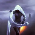 White hooded female assassin emerging from the fog of war, Highly Detailed, Vibrant Colors, Ink Art, Fantasy, Dark by Vincent Di Fate