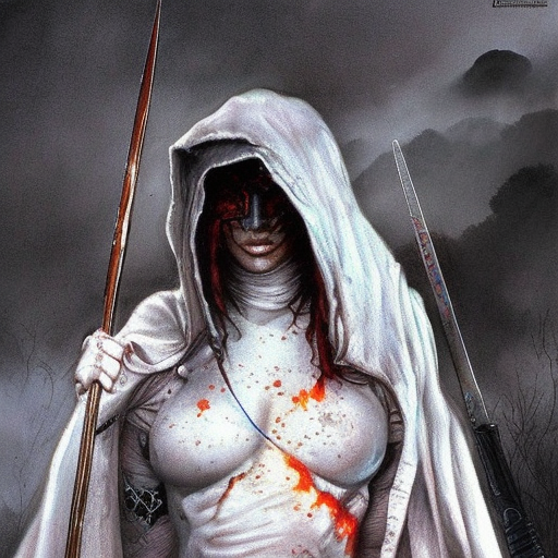 White hooded female assassin emerging from the fog of war, Highly Detailed, Vibrant Colors, Ink Art, Fantasy, Dark by Dave Dorman