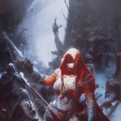 White hooded female assassin emerging from the fog of war, Highly Detailed, Vibrant Colors, Ink Art, Fantasy, Dark by Dave Dorman