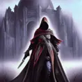 White hooded female assassin emerging from the fog of war, Highly Detailed, Vibrant Colors, Ink Art, Fantasy, Dark by Les Edwards