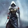 White hooded female assassin emerging from the fog of war, Highly Detailed, Vibrant Colors, Ink Art, Fantasy, Dark by Les Edwards