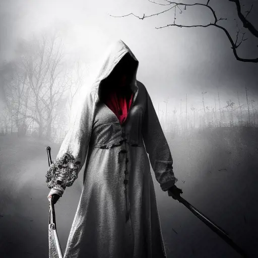 White hooded female assassin emerging from the fog of war, Highly Detailed, Vibrant Colors, Ink Art, Fantasy, Dark by Christine Ellger