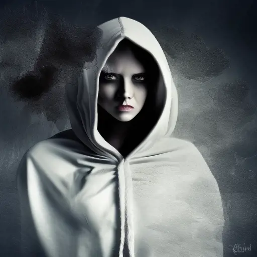 White hooded female assassin emerging from the fog of war, Highly Detailed, Vibrant Colors, Ink Art, Fantasy, Dark by Christine Ellger