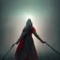 White hooded female assassin emerging from the fog of war, Highly Detailed, Vibrant Colors, Ink Art, Fantasy, Dark by Andy Fairhurst