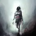 White hooded female assassin emerging from the fog of war, Highly Detailed, Vibrant Colors, Ink Art, Fantasy, Dark by Ryohei Hase