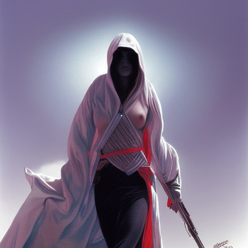 White hooded female assassin emerging from the fog of war, Highly Detailed, Vibrant Colors, Ink Art, Fantasy, Dark by Tim Hildebrandt