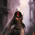 White hooded female assassin emerging from the fog of war, Highly Detailed, Vibrant Colors, Ink Art, Fantasy, Dark by Ralph Horsley