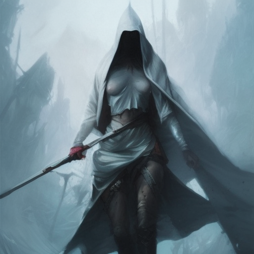 White hooded female assassin emerging from the fog of war, Highly Detailed, Vibrant Colors, Ink Art, Fantasy, Dark by Peter Mohrbacher