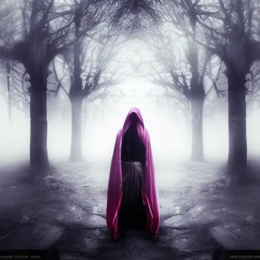White hooded female assassin emerging from the fog of war, Highly Detailed, Vibrant Colors, Ink Art, Fantasy, Dark by Aliza Razell