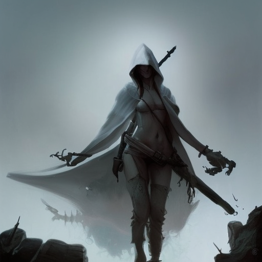 White hooded female assassin emerging from the fog of war, Highly Detailed, Vibrant Colors, Ink Art, Fantasy, Dark by Peter Mohrbacher