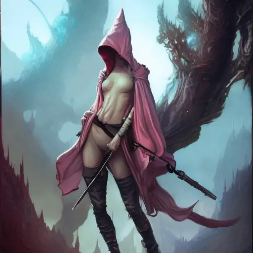 White hooded female assassin, Highly Detailed, Vibrant Colors, Ink Art, Fantasy, Dark by Peter Mohrbacher