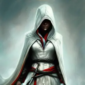 White hooded female assassin from Assassin's Creed, Highly Detailed, Vibrant Colors, Ink Art, Fantasy, Dark by Peter Mohrbacher